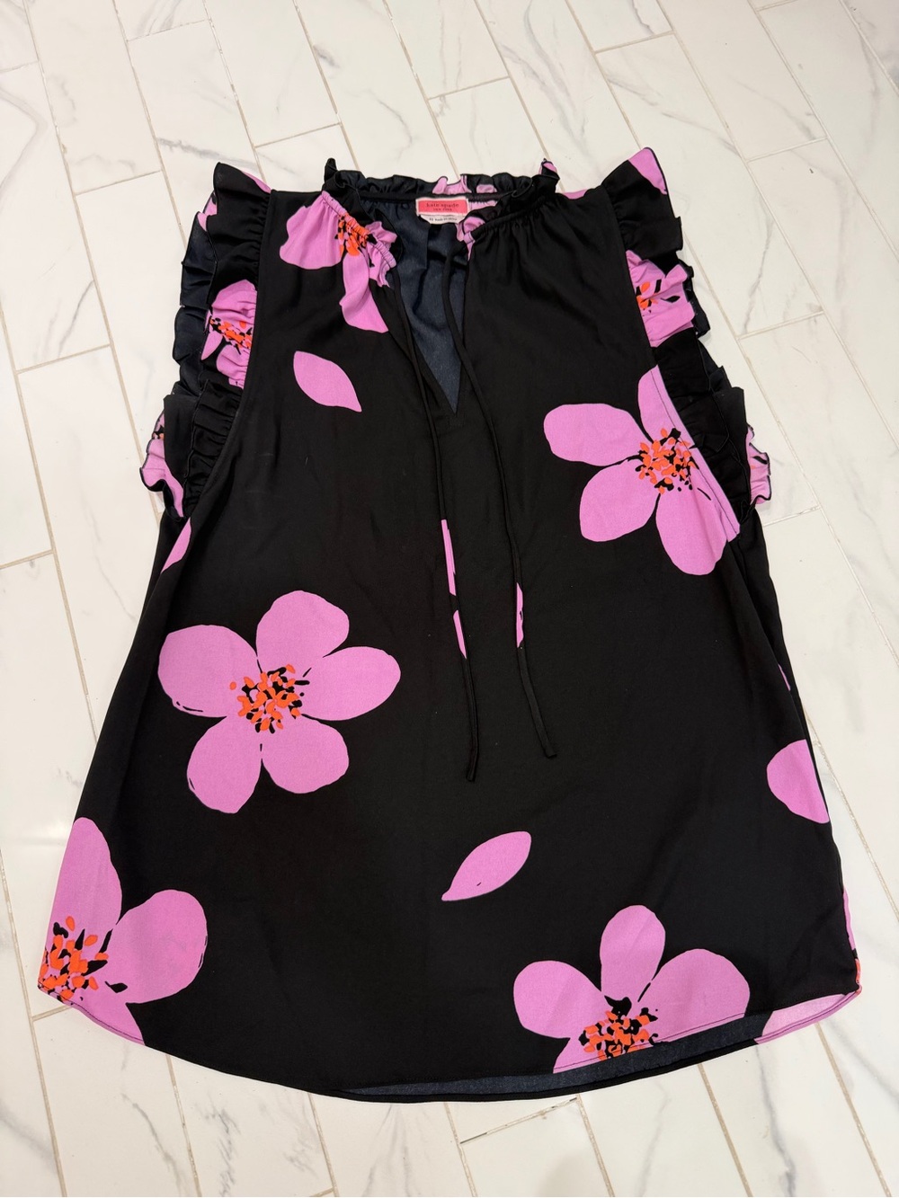 Kate Spade New York Floral Ruffle Sleeve Tie Neck Blouse XS Black Pink - Picture 5 of 9